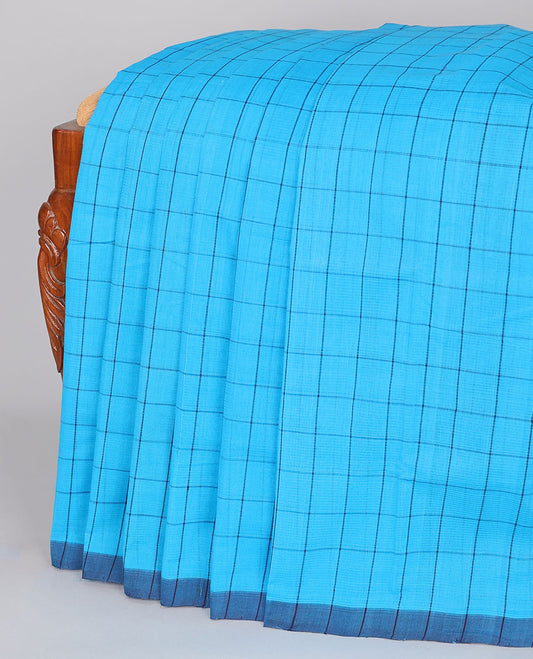 Blue checked mangalgiri cotton saree, contrast border & pallu of stripes