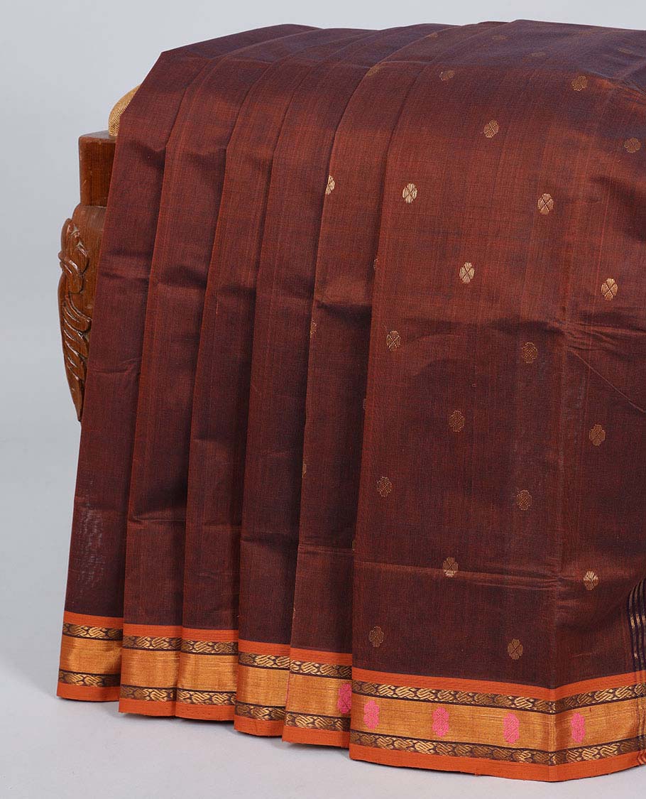Brown venkatagiri cotton saree with all-over buttas, contrast unique design border & pallu of stripes