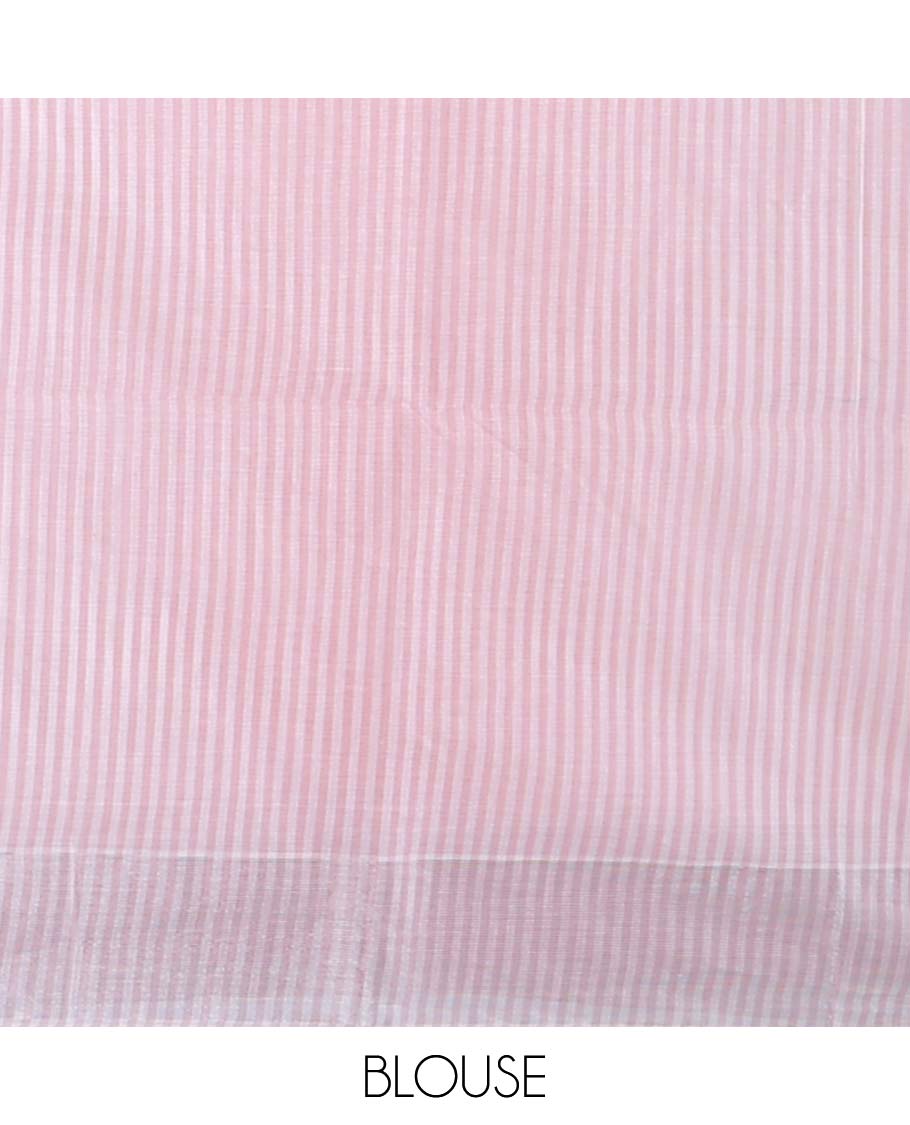 Pink striped jute cotton saree, striped border & striped pallu