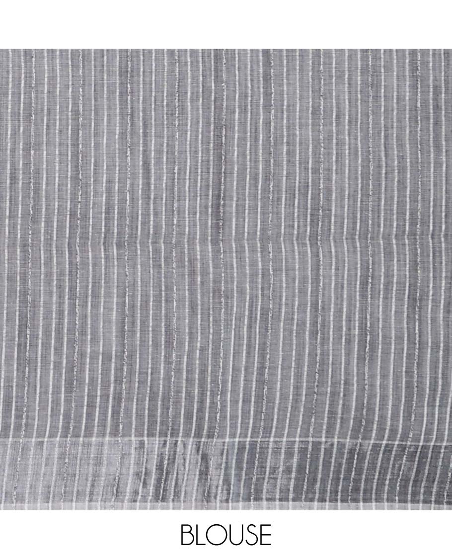 Grey plain jute cotton saree, self-border & striped pallu