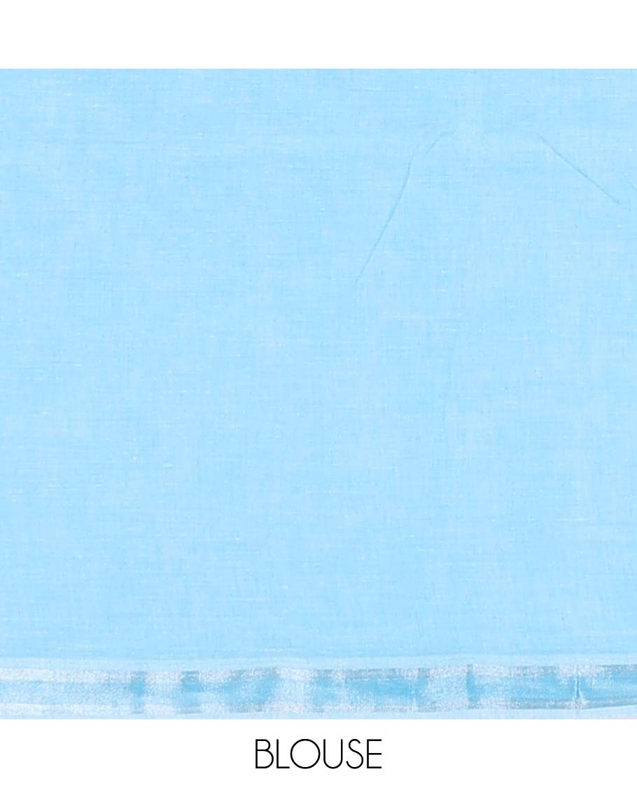 Blue plain jute cotton saree, self-border & striped pallu