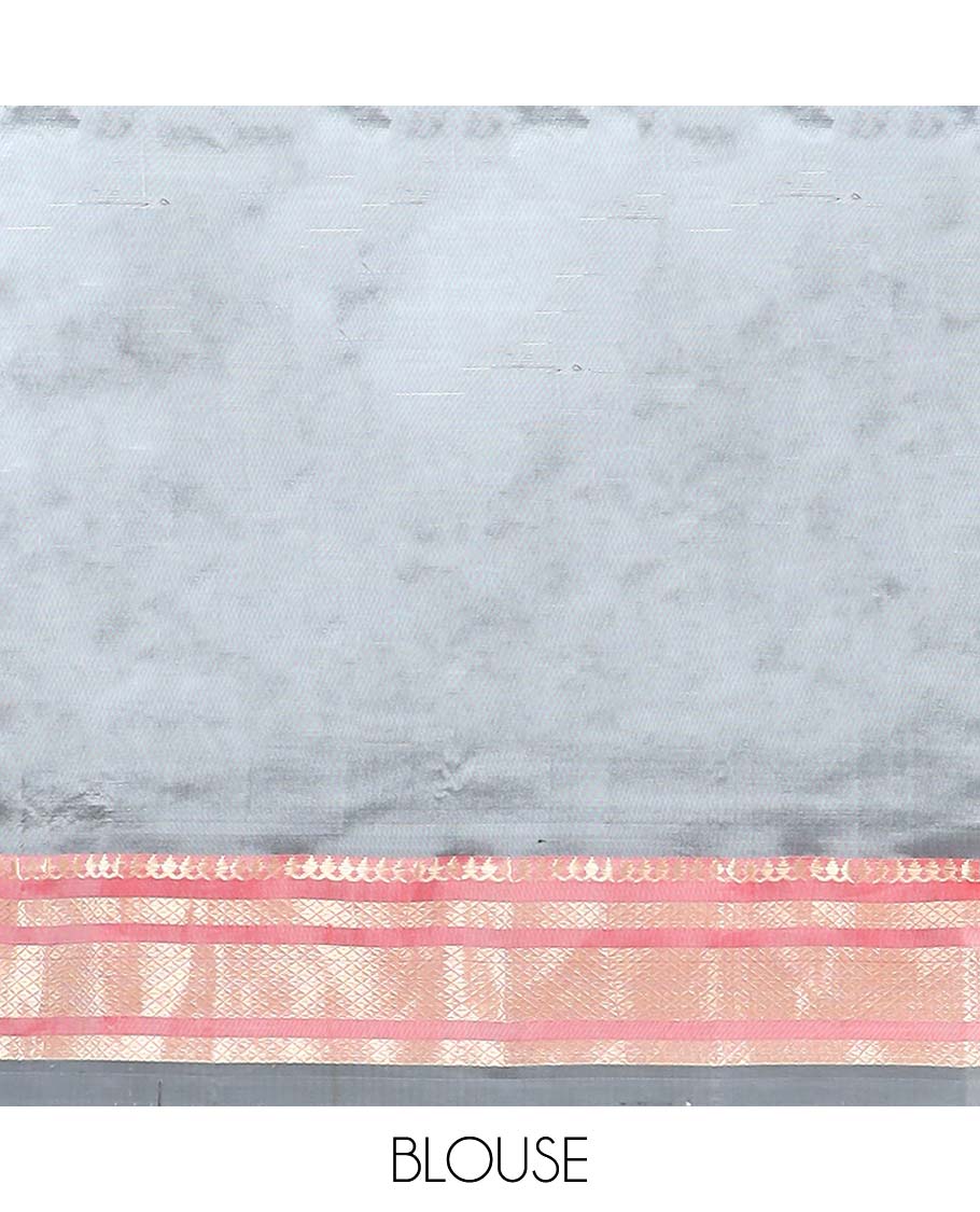 Grey paithani silk saree with buttas, contrast traditional design border & peacock design pallu