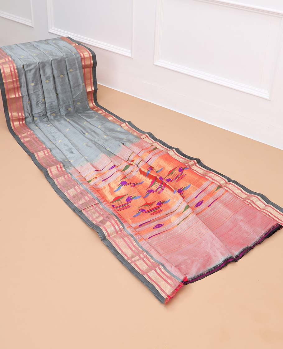 Grey paithani silk saree with buttas, contrast traditional design border & peacock design pallu