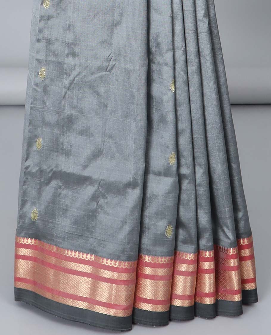 Grey paithani silk saree with buttas, contrast traditional design border & peacock design pallu