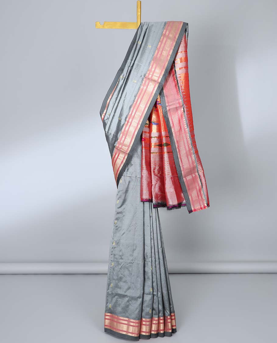 Grey paithani silk saree with buttas, contrast traditional design border & peacock design pallu