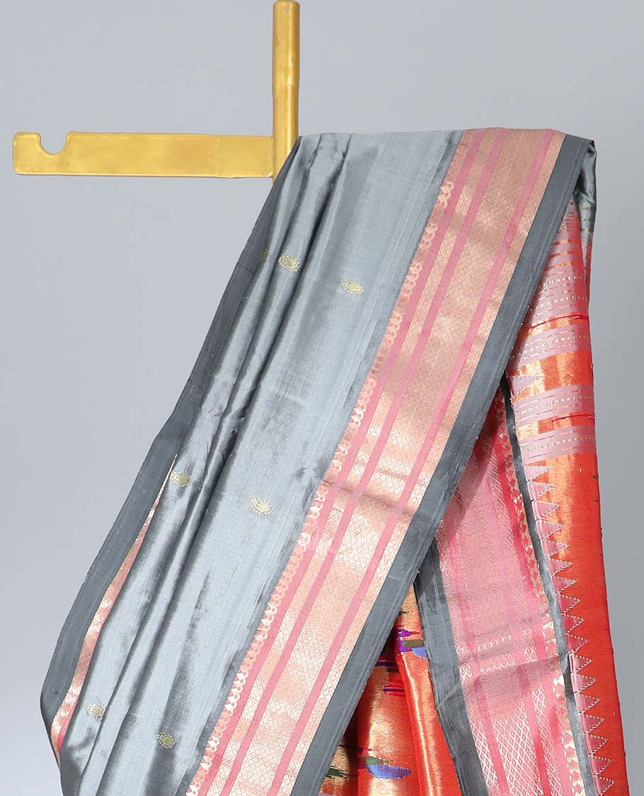Grey paithani silk saree with buttas, contrast traditional design border & peacock design pallu