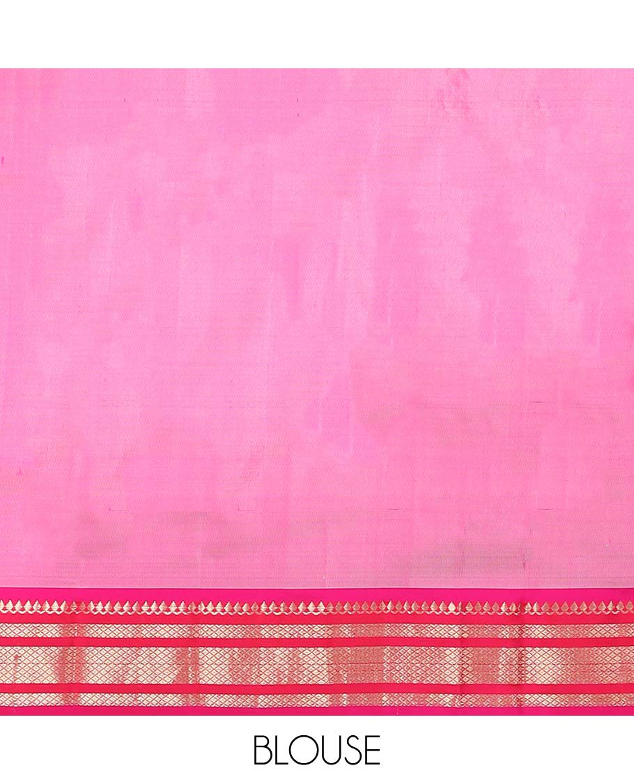 Pink paithani silk saree with buttas, contrast traditional design border & peacock design pallu