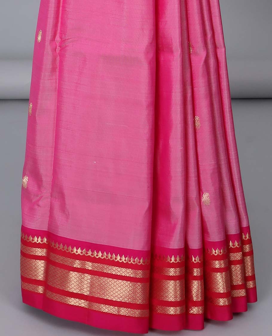 Pink paithani silk saree with buttas, contrast traditional design border & peacock design pallu