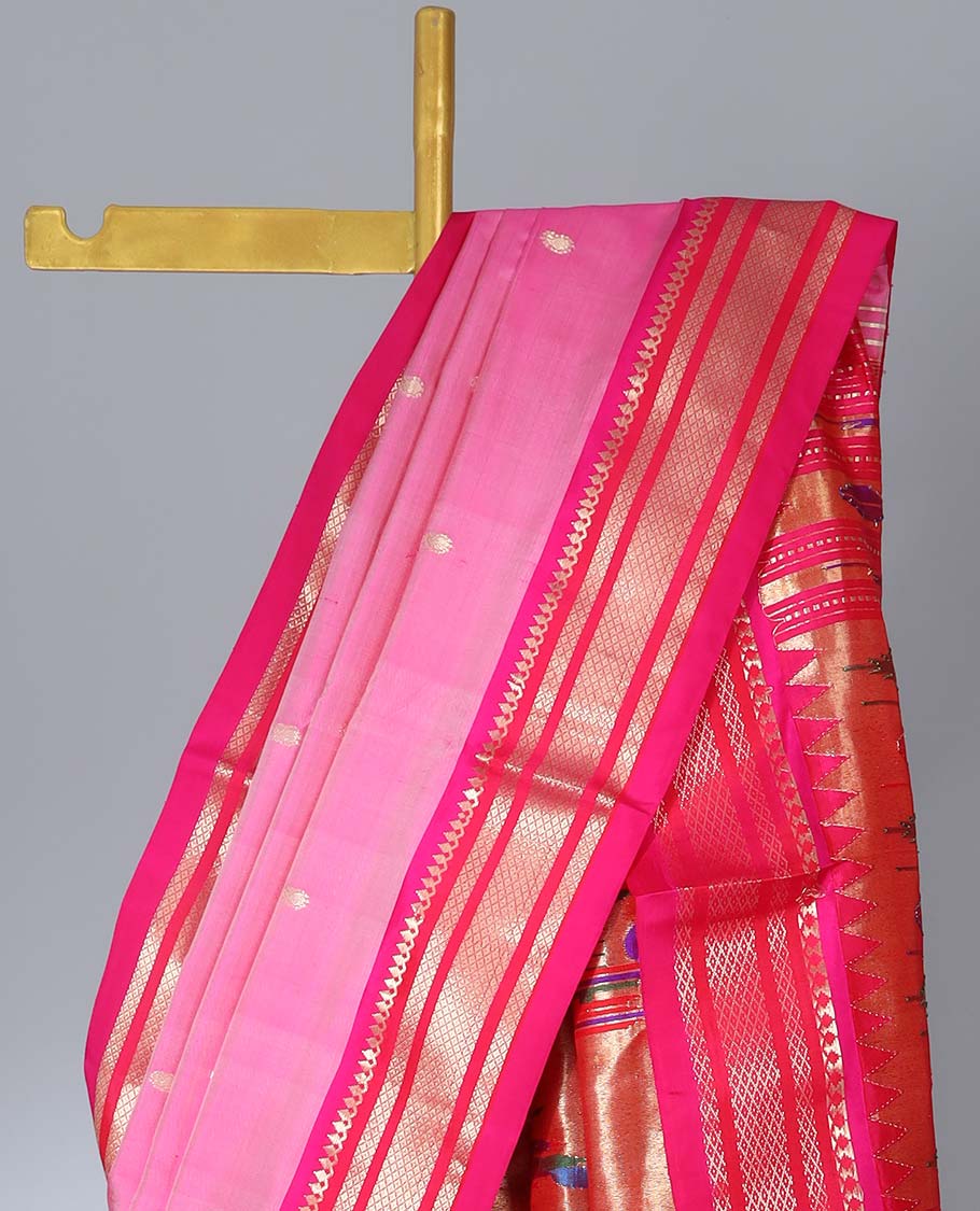 Pink paithani silk saree with buttas, contrast traditional design border & peacock design pallu