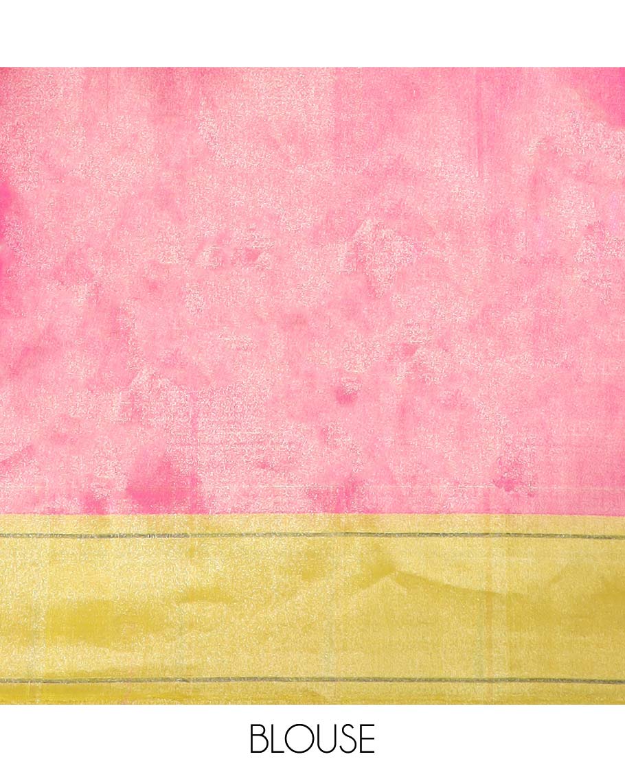 Pink paithani silk saree, contrast muniya border & pallu of colorful floral & peacock designs