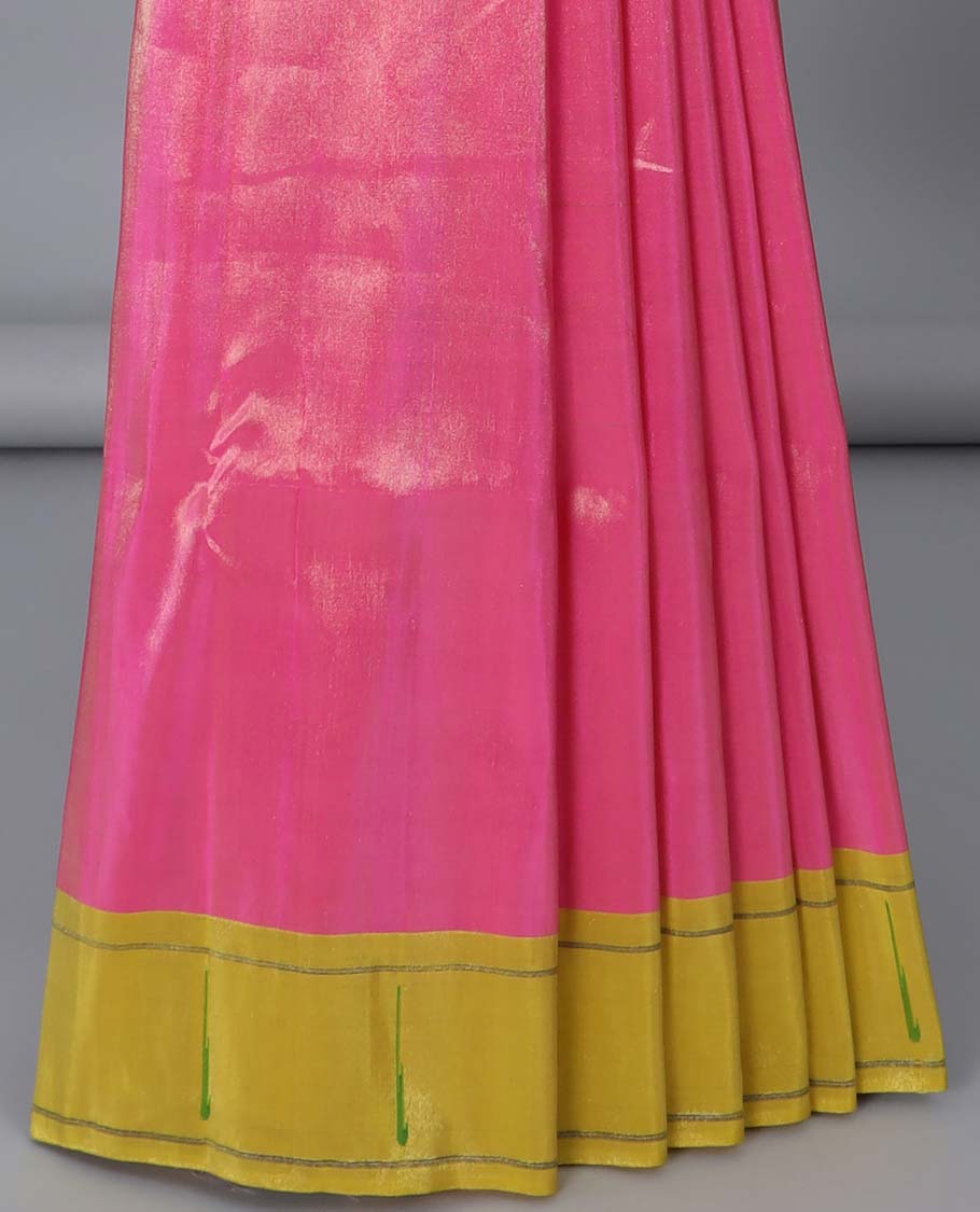 Pink paithani silk saree, contrast muniya border & pallu of colorful floral & peacock designs