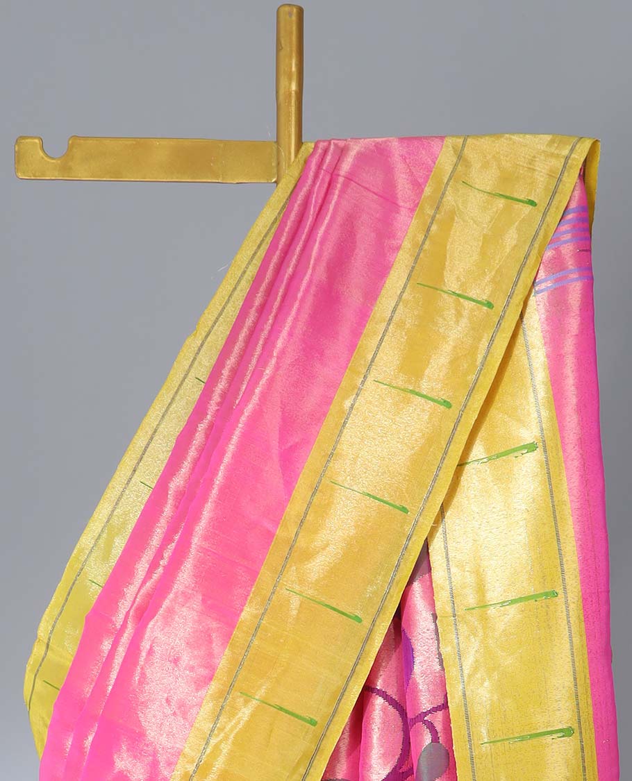 Pink paithani silk saree, contrast muniya border & pallu of colorful floral & peacock designs
