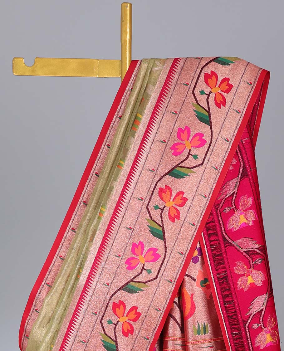 Gold paithani silk saree with buttas, contrast muniya border of floral creeper & pallu of tree & bird designs