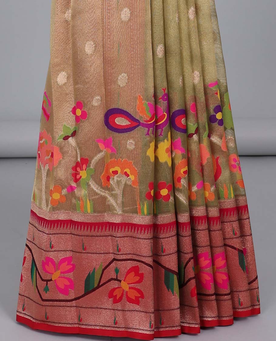 Gold paithani silk saree with buttas, contrast muniya border of floral creeper & pallu of tree & bird designs