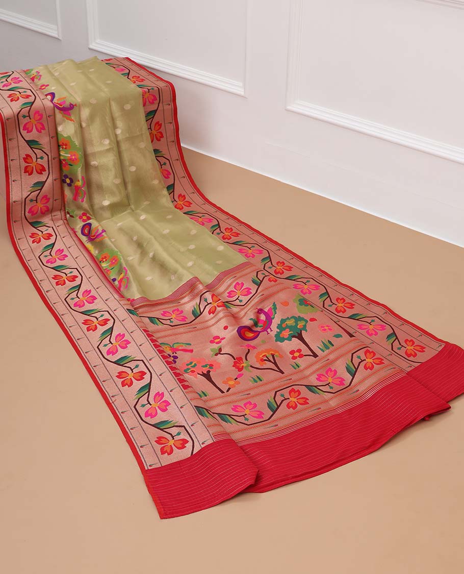 Gold paithani silk saree with buttas, contrast muniya border of floral creeper & pallu of tree & bird designs