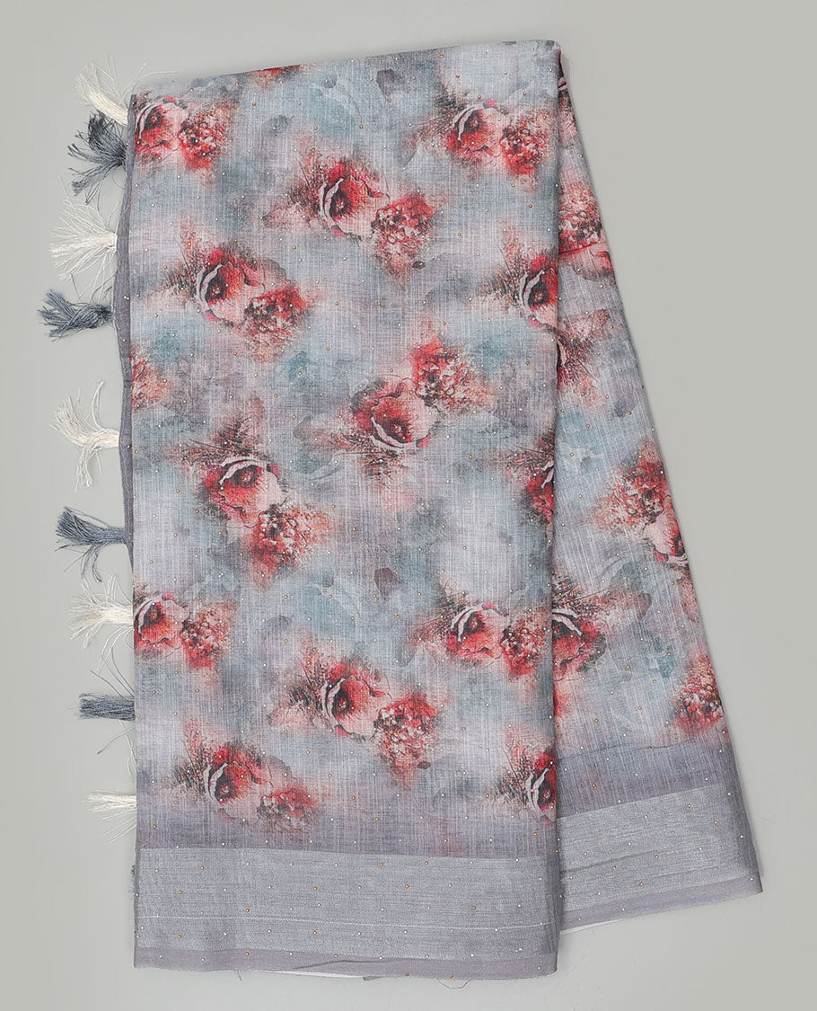 Grey floral printed & stone work linen saree, stone work border