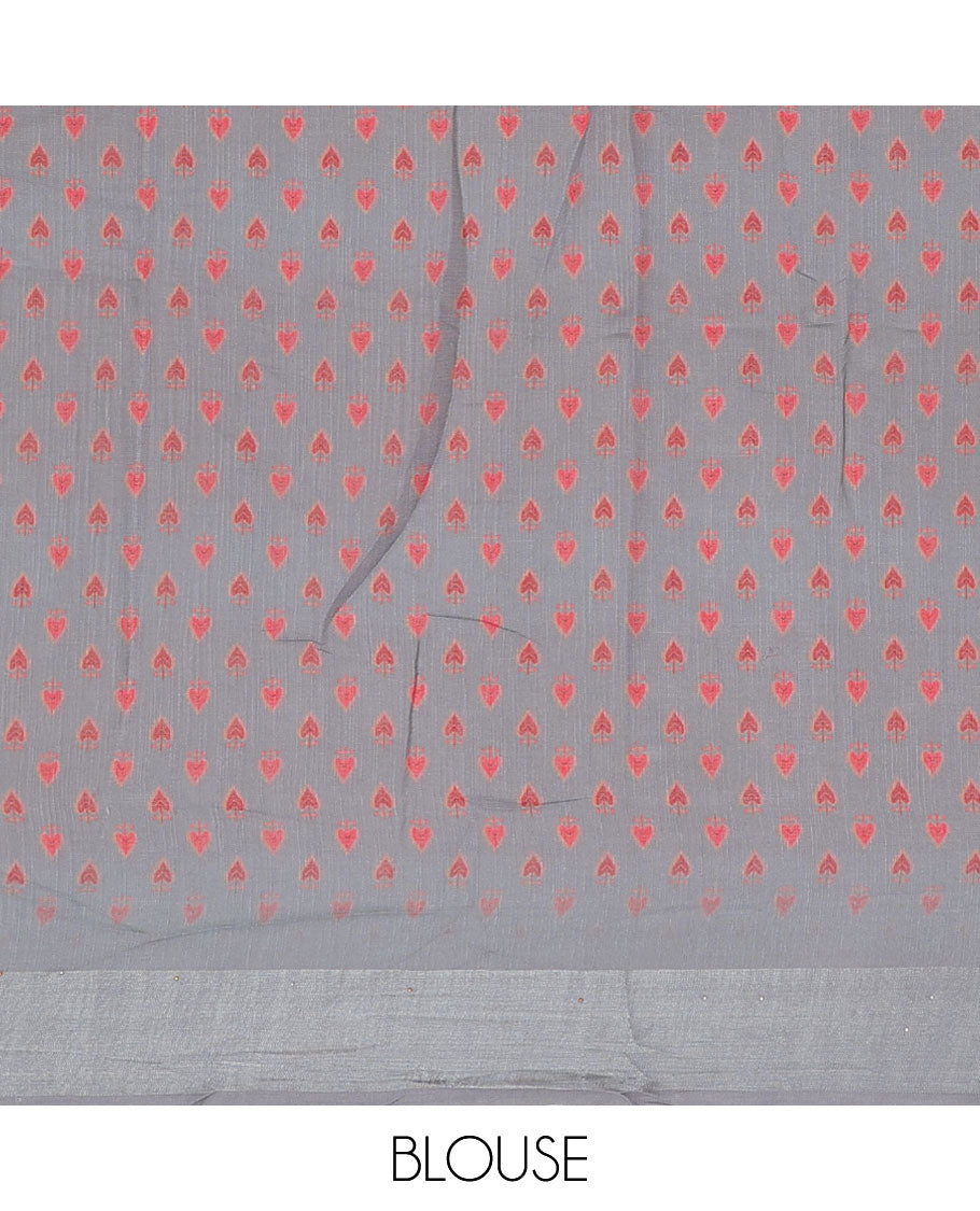 Grey floral printed & stone work linen saree, stone work border