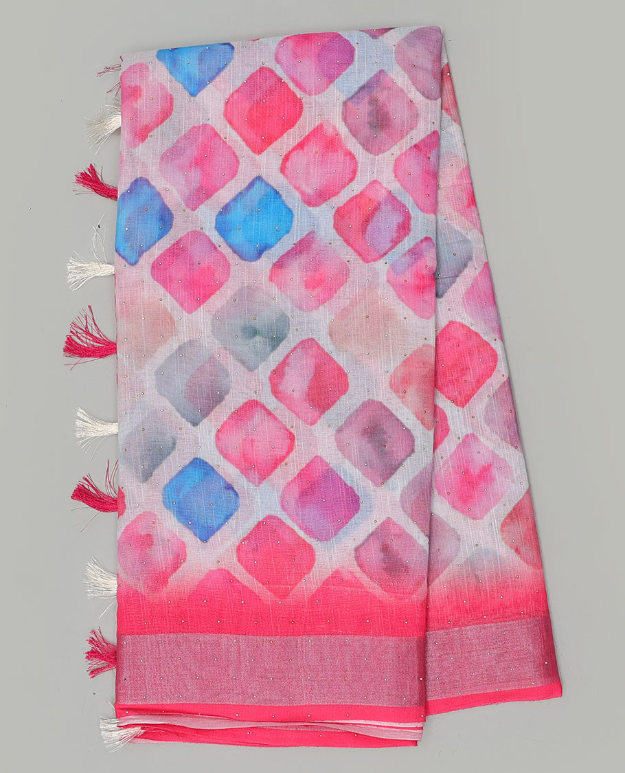 Multi-color geometric printed & stone work linen saree, contrast stone work border