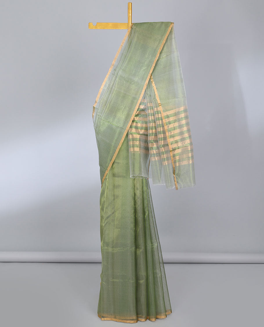 Borderless green plain design cotton saree, self-pallu of stripes