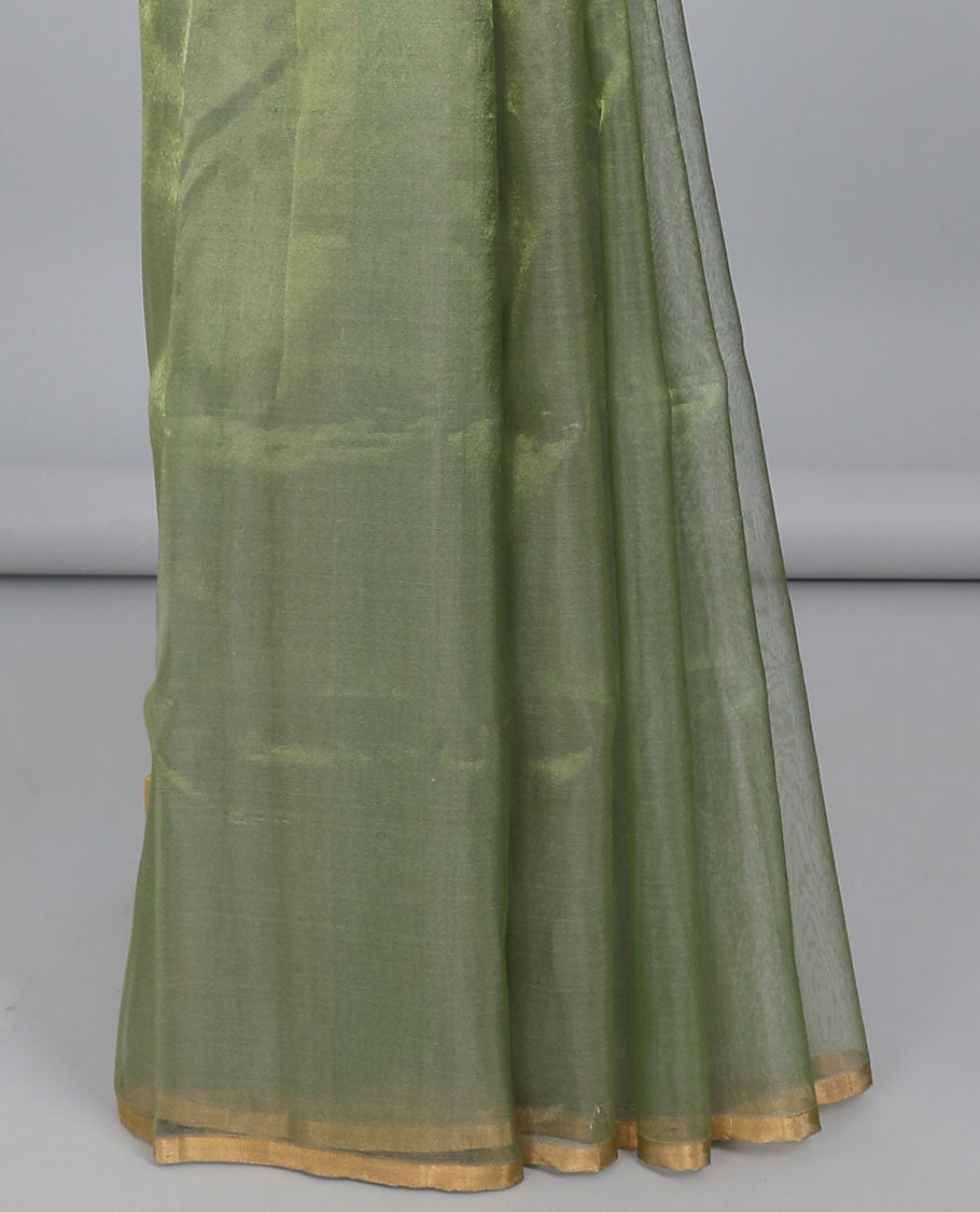 Borderless green plain design cotton saree, self-pallu of stripes