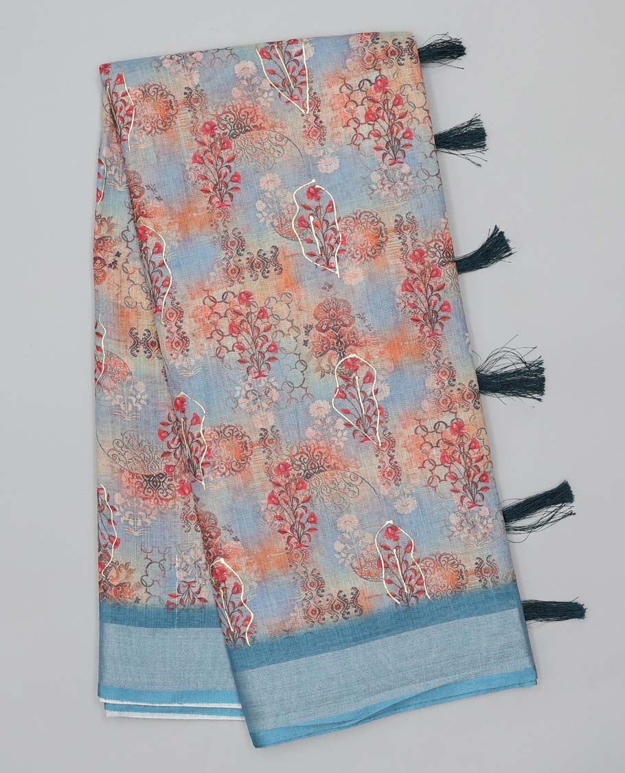 Multi-color floral & geometric printed semi-banaras linen saree, contrast border