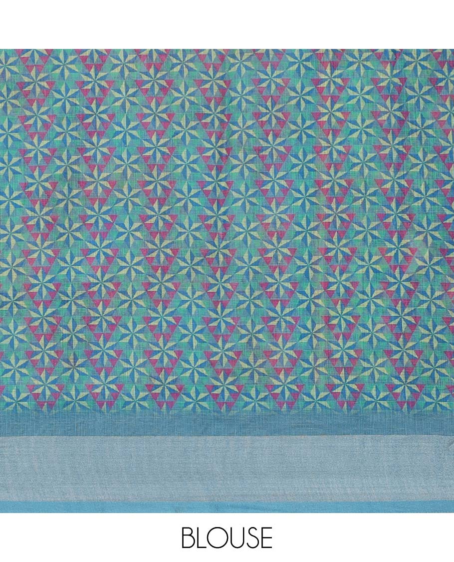 Multi-color floral & geometric printed semi-banaras linen saree, contrast border