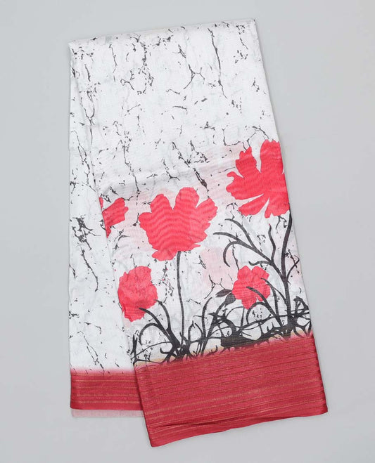 White batik-style & floral printed semi-banaras linen saree, contrast plain border