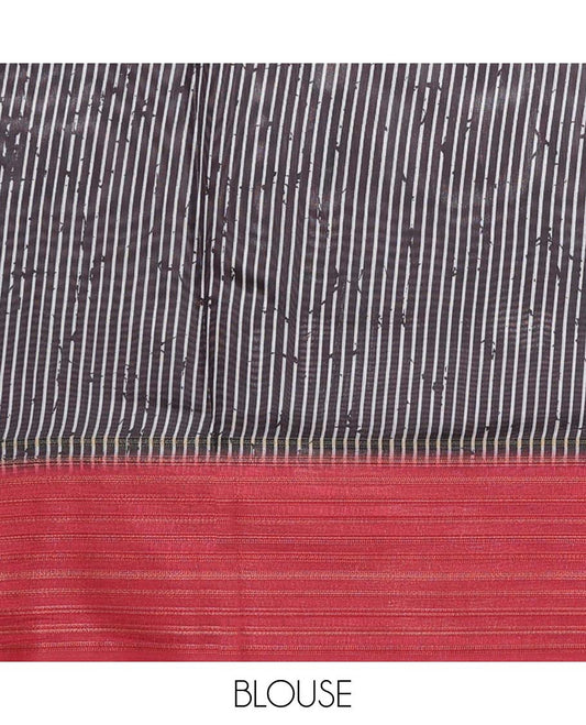 White batik-style & floral printed semi-banaras linen saree, contrast plain border