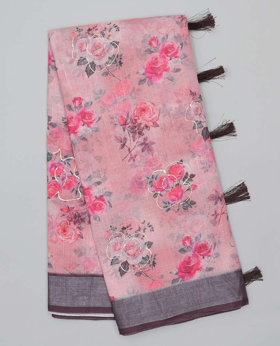 Pink floral motifs printed semi-banaras linen saree, contrast plain border