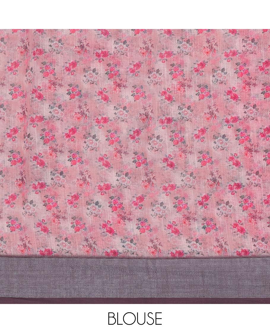 Pink floral motifs printed semi-banaras linen saree, contrast plain border