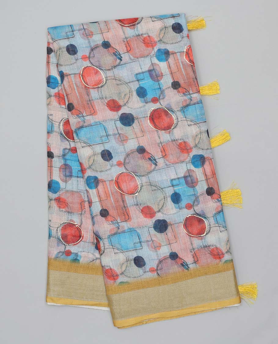 Multi-color geometric printed semi-banaras linen saree, contrast plain border