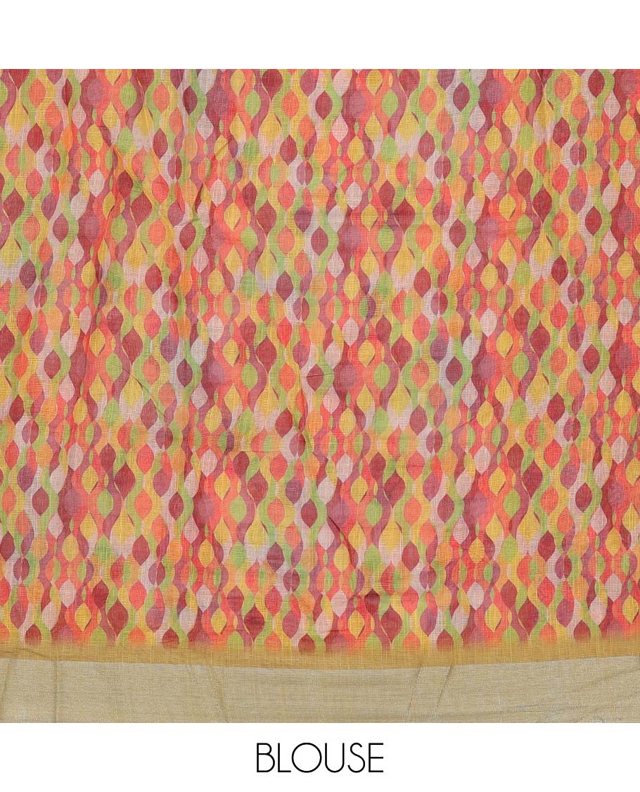 Multi-color geometric printed semi-banaras linen saree, contrast plain border
