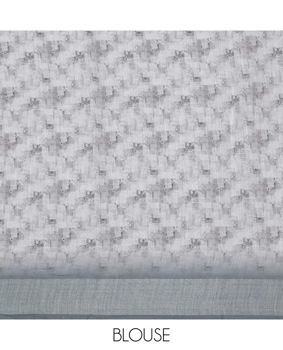 Off-white floral & geometric printed semi-banaras linen saree, contrast border