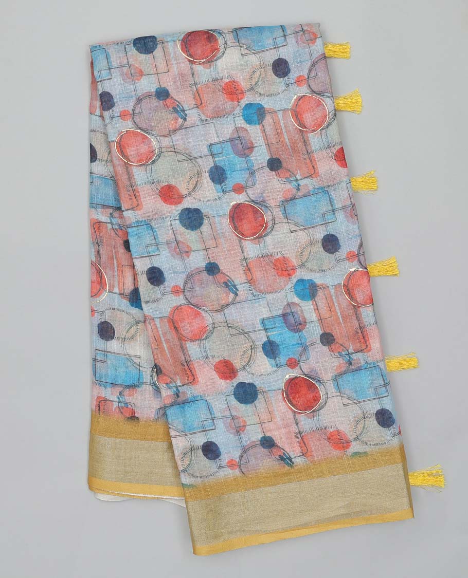 Multi-color geometric printed semi-banaras linen saree, contrast border