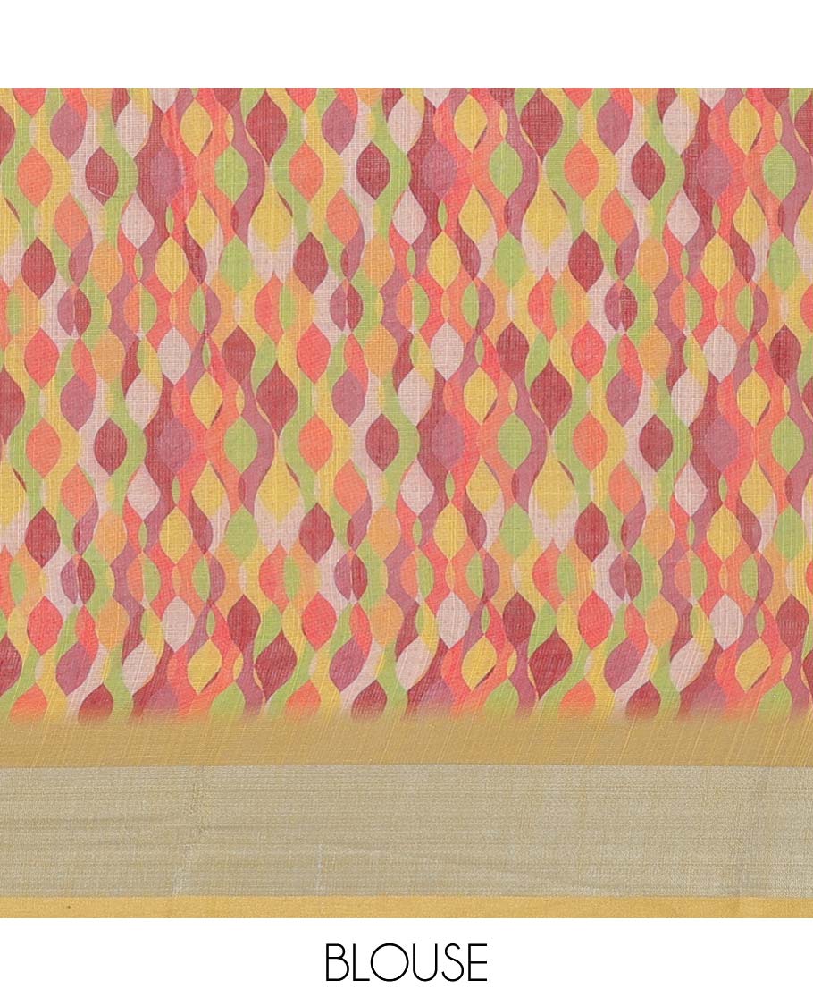 Multi-color geometric printed semi-banaras linen saree, contrast border