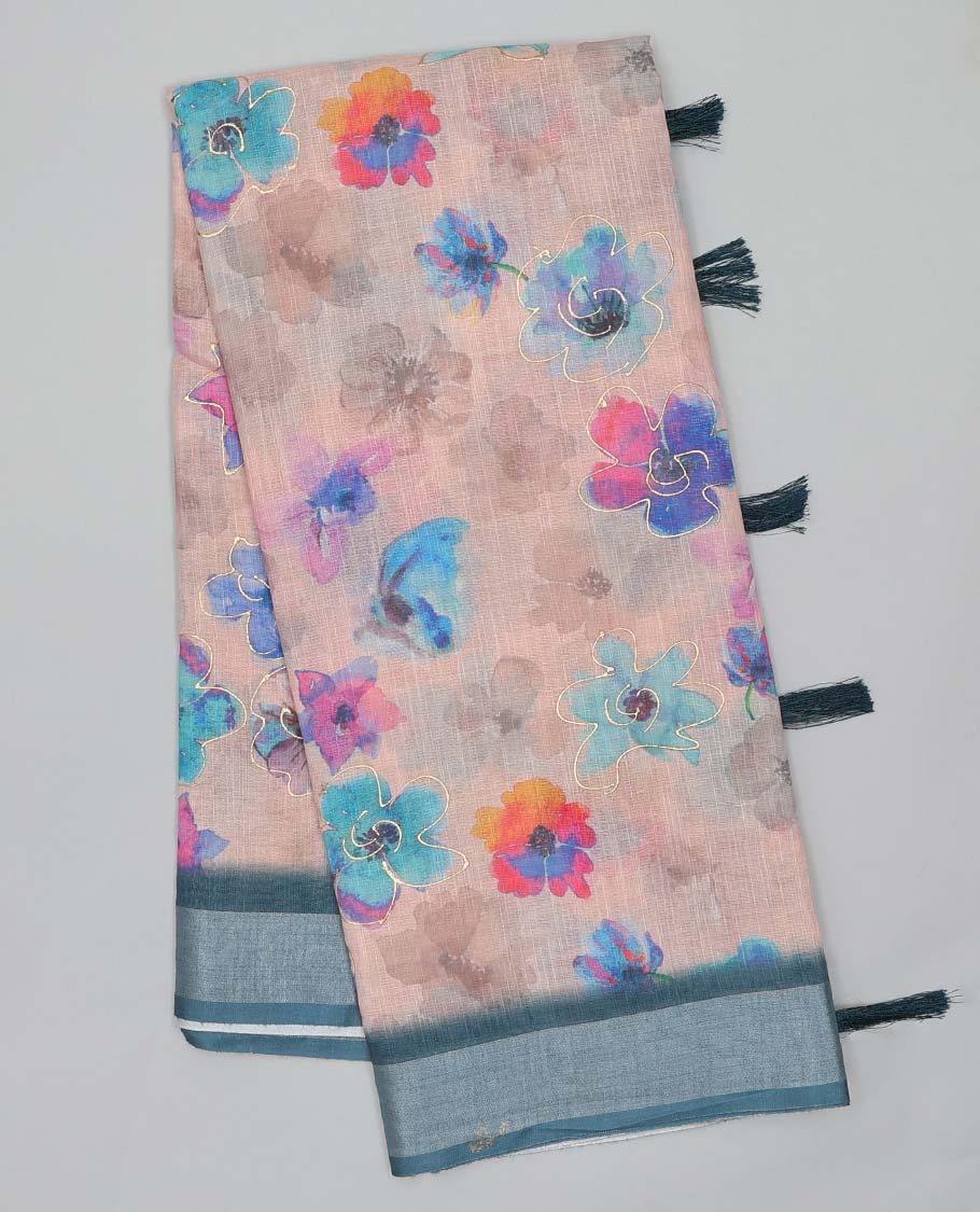 Beige floral printed semi-banaras linen saree, contrast border