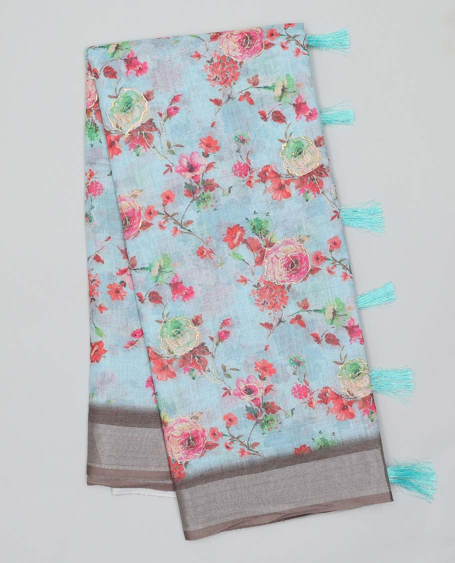 Blue floral printed semi-banaras linen saree, contrast border