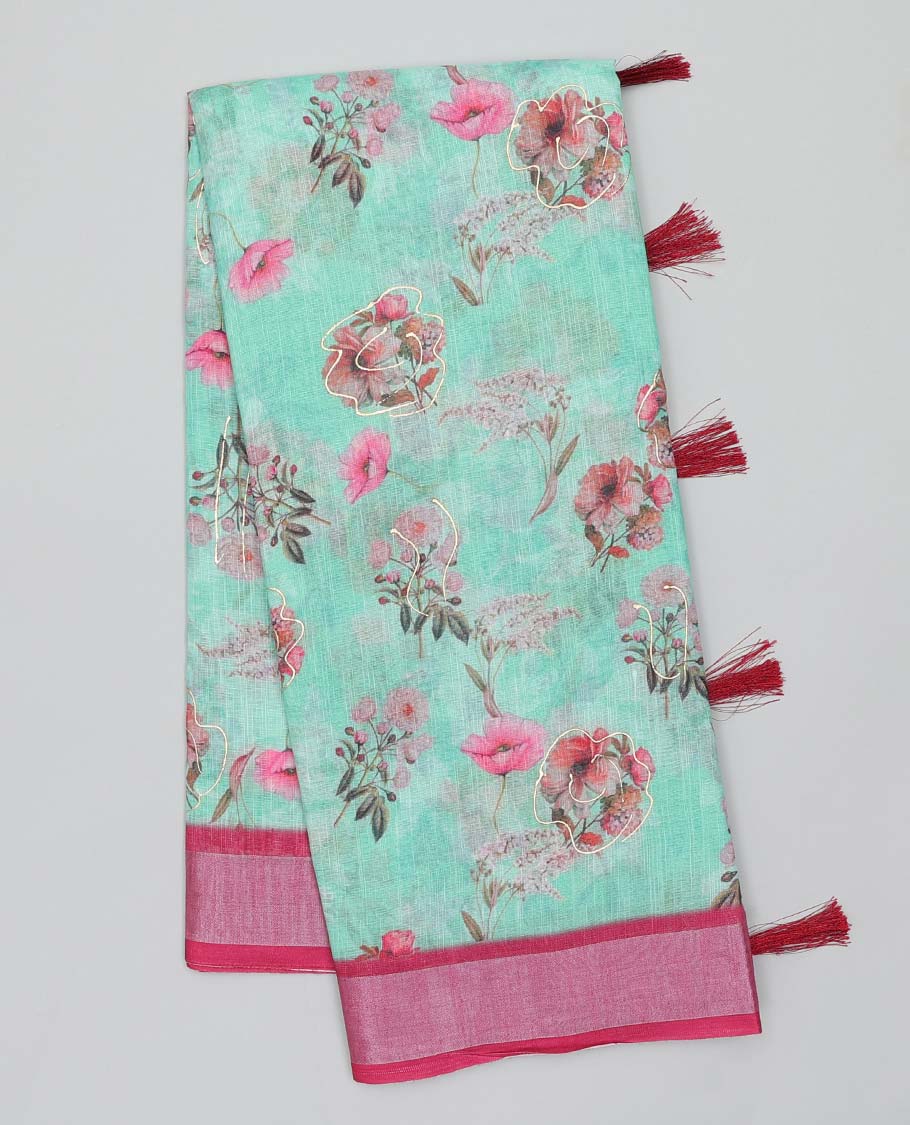Turquoise floral printed semi-banaras linen saree, contrast border