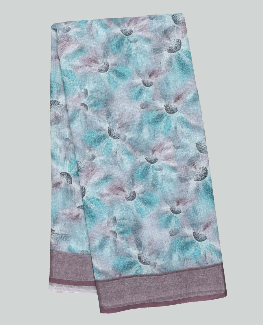 Blue floral printed semi-banaras linen saree, contrast border
