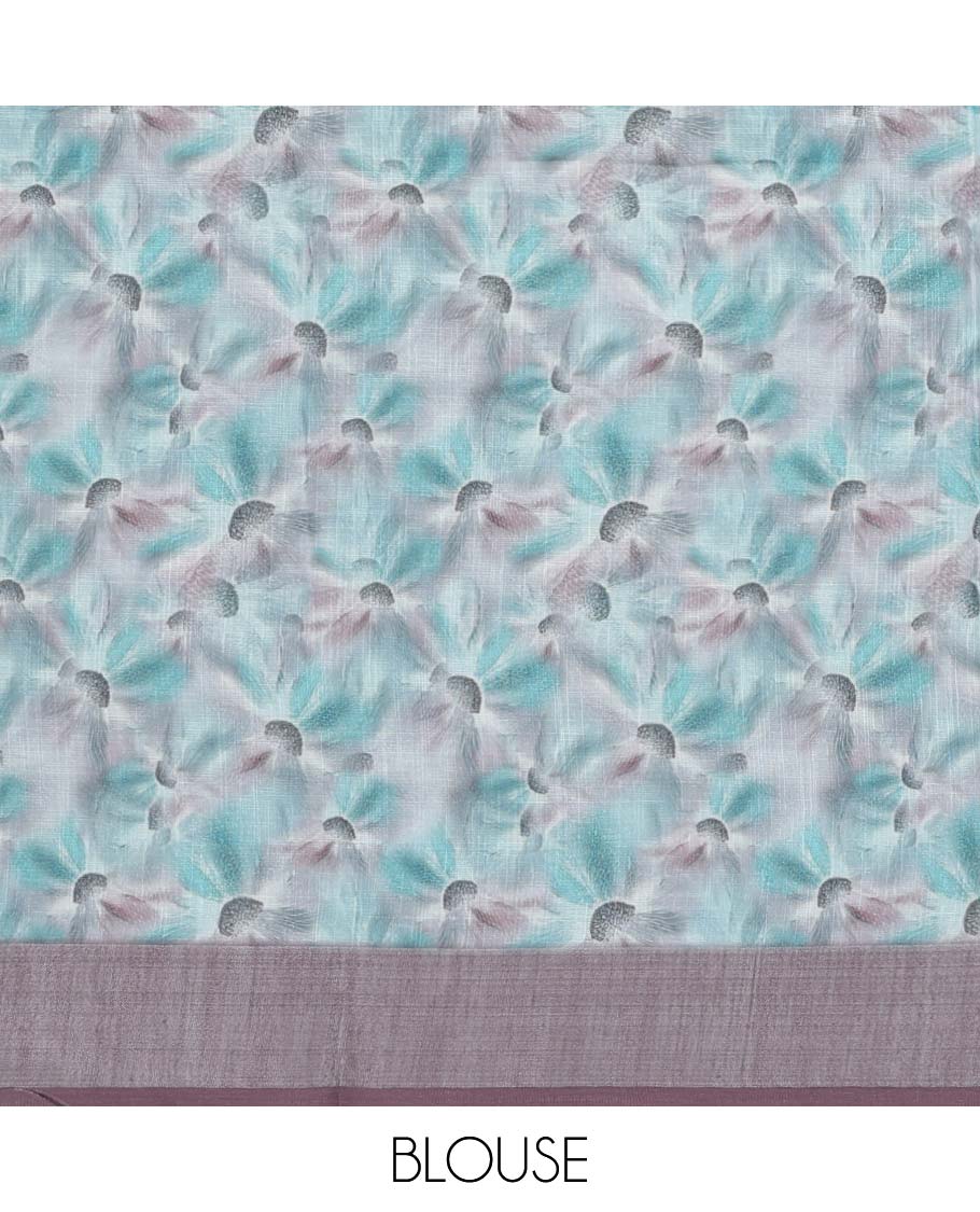 Blue floral printed semi-banaras linen saree, contrast border