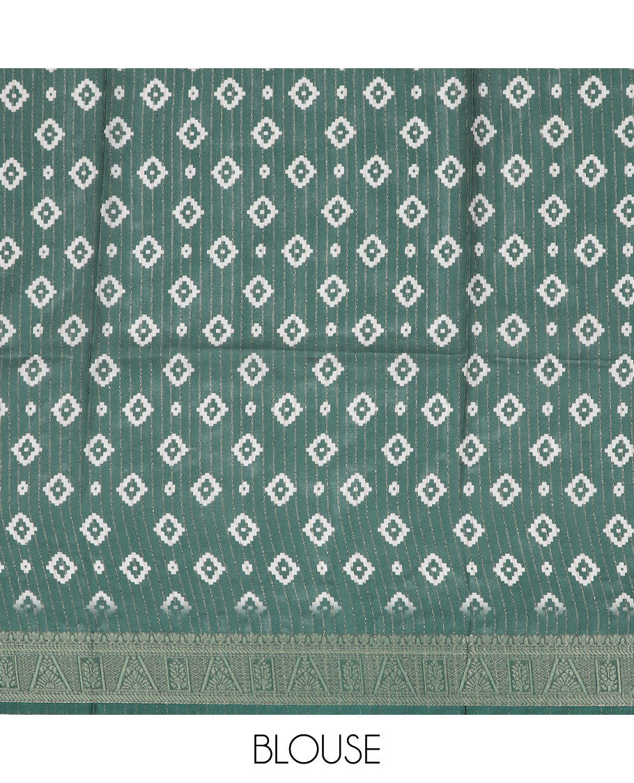 Peach floral printed & striped semi-banaras dola saree, contrast intricate border