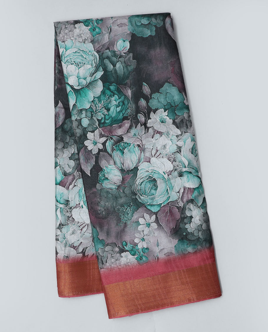 Grey floral printed semi-banaras dola saree, contrast border