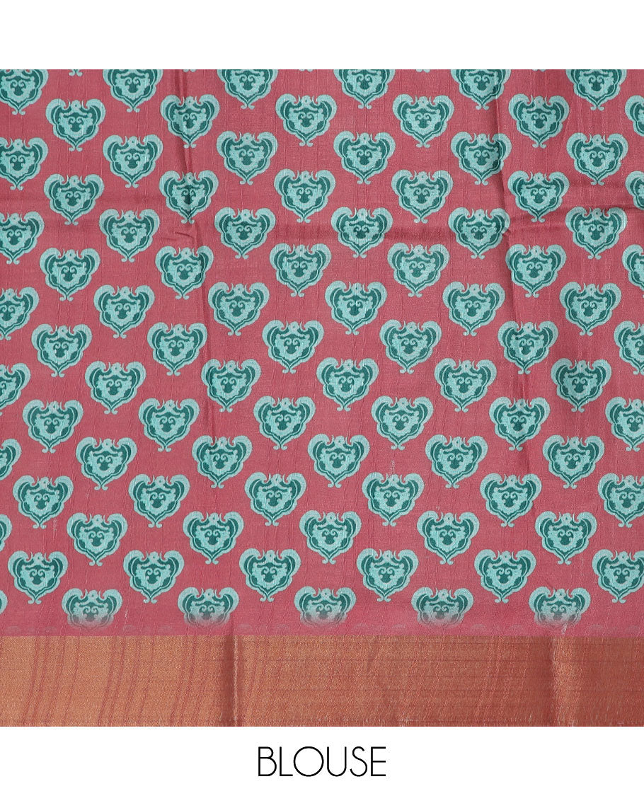 Grey floral printed semi-banaras dola saree, contrast border