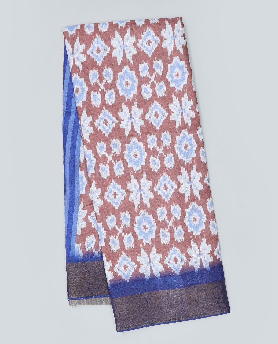 Brown ikkat printed semi-banaras dola saree, contrast border