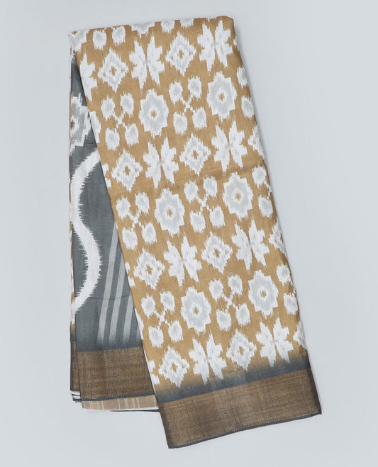 Yellow ikkat printed semi-banaras dola saree, contrast border
