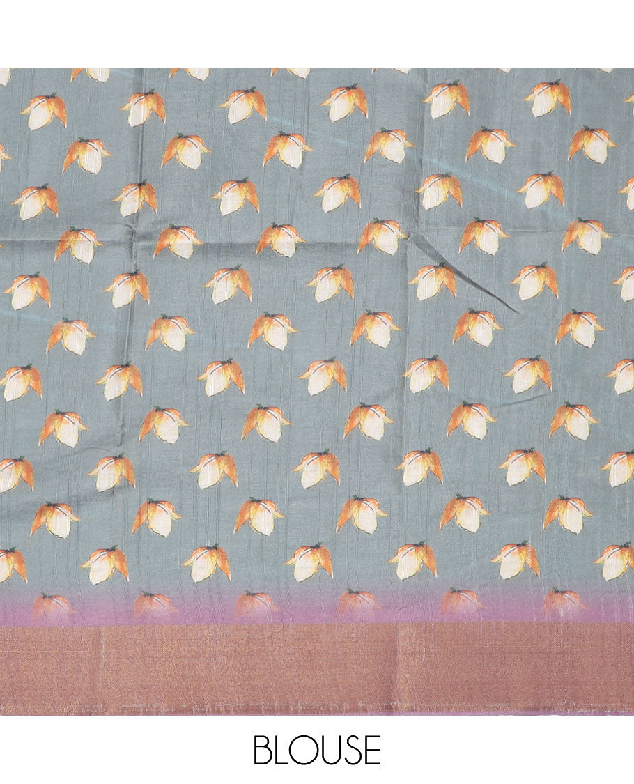 Purple floral printed semi-banaras dola saree, contrast border