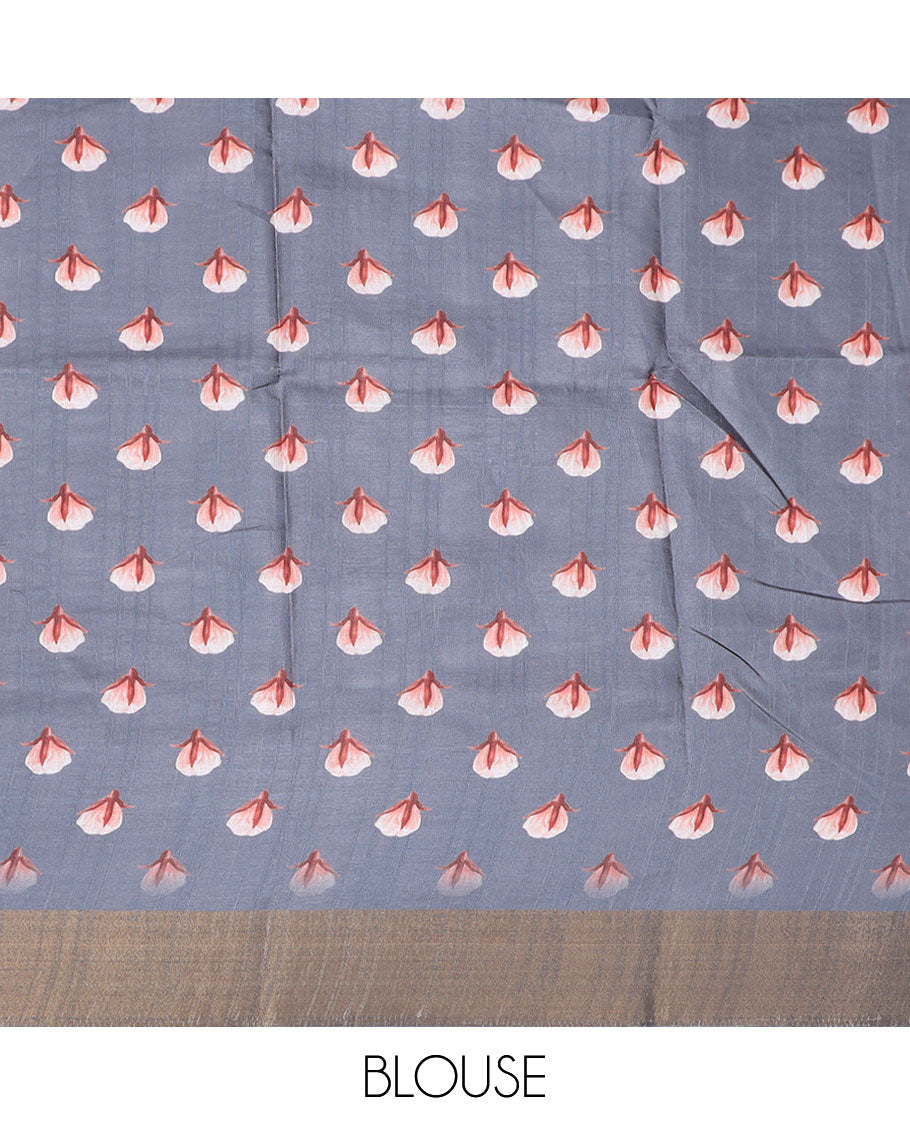 Grey floral printed semi-banaras dola saree, plain border
