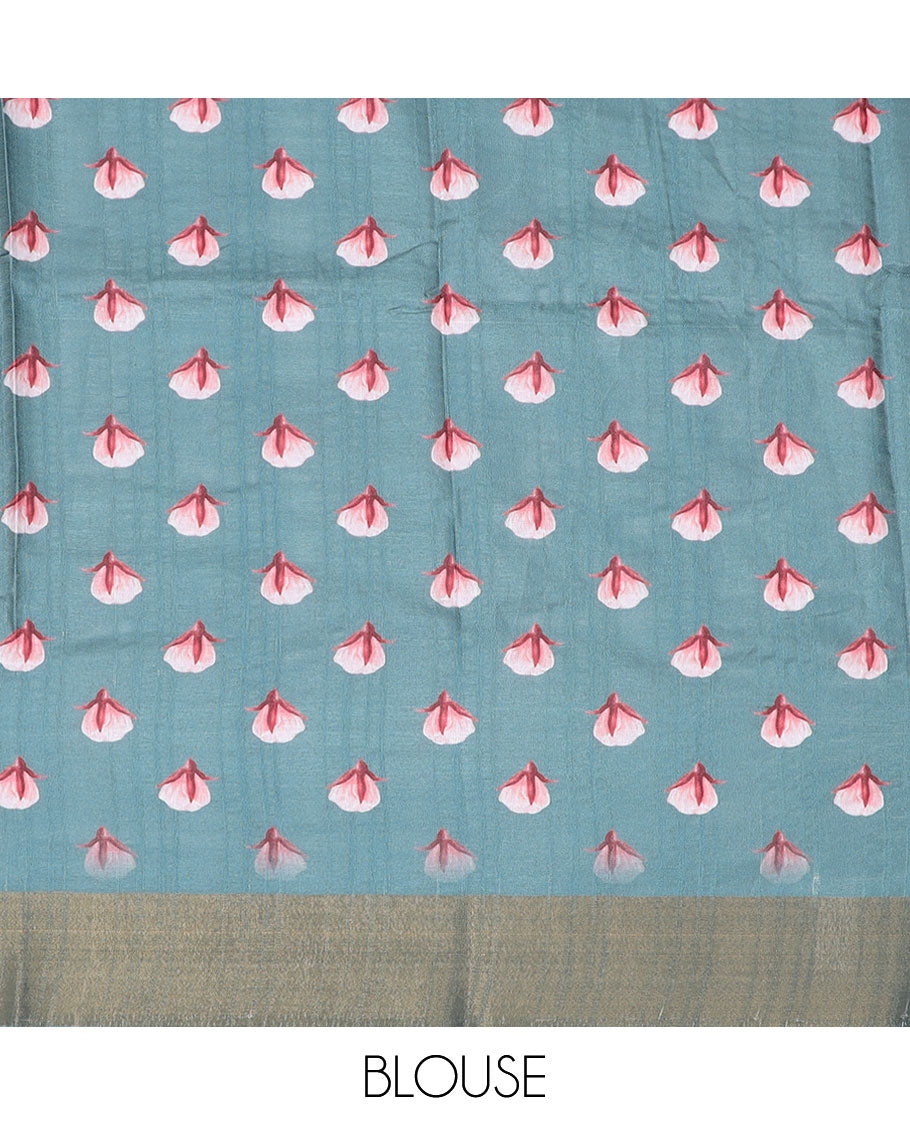 Blue floral printed semi-banaras dola saree, plain border