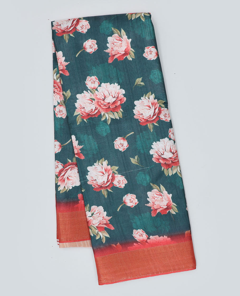 Green floral printed semi-banaras dola saree, contrast plain border