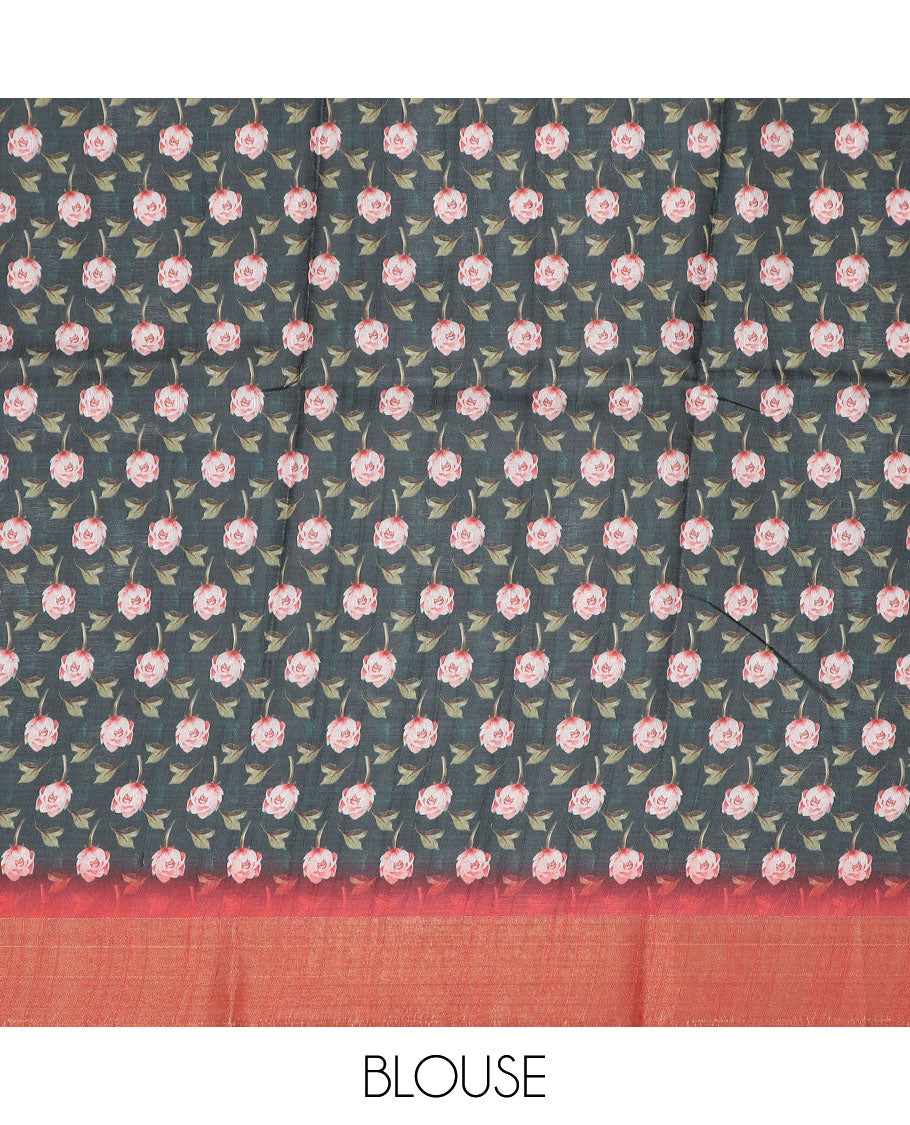 Green floral printed semi-banaras dola saree, contrast plain border